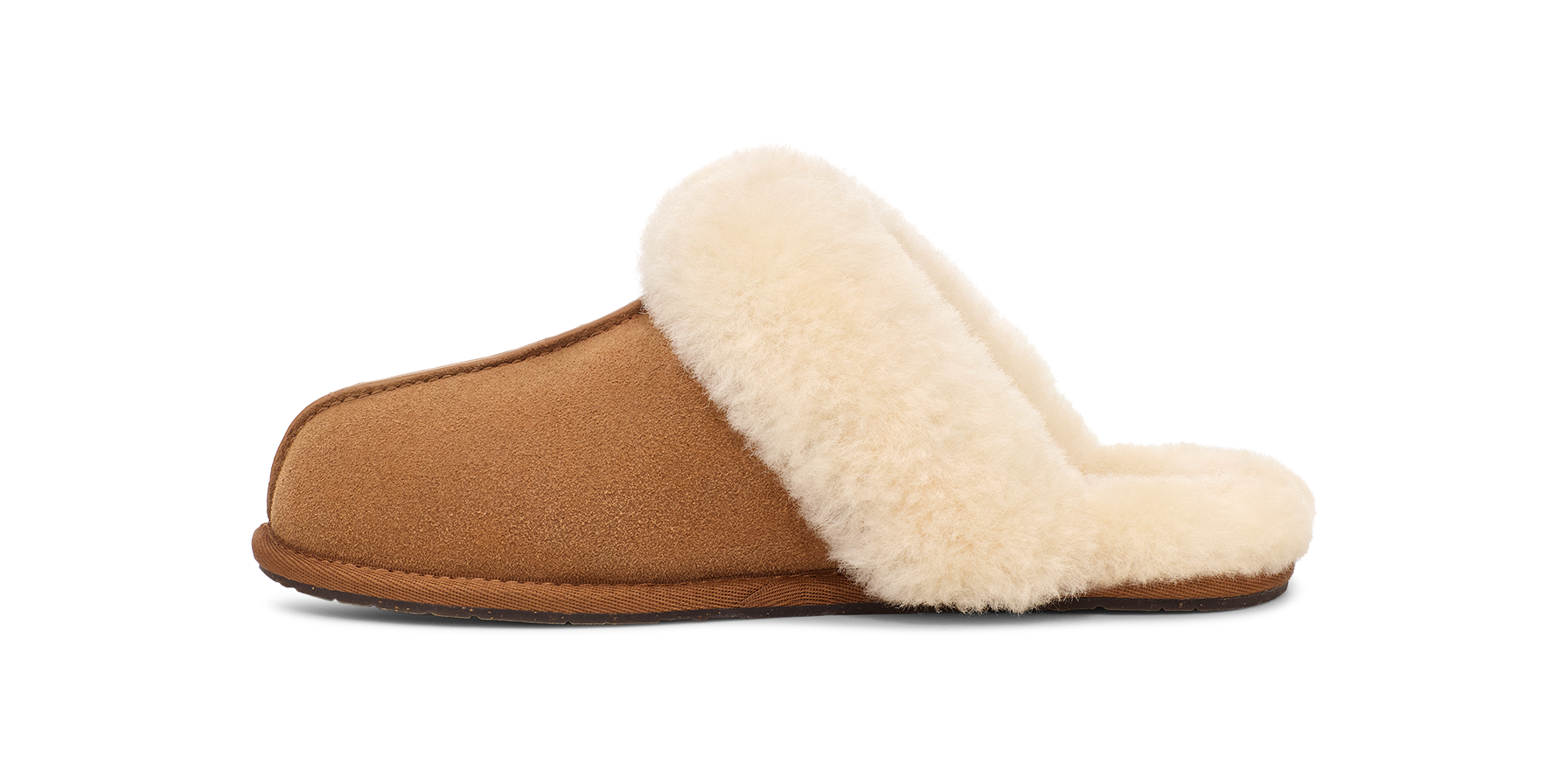 Brown slipper with white fur lining on a white background