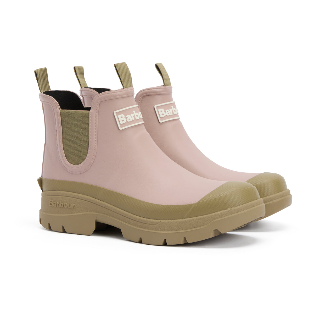 Pair of beige and taupe Barbour Chelsea boots with 'Barbour' branding on a white background