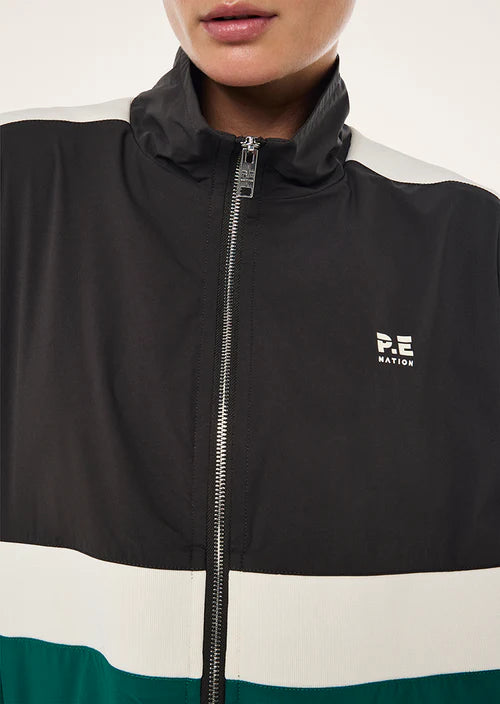 Black and white jacket with a visible brand logo on a white background