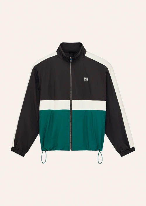 Black, green, and white jacket on a beige background