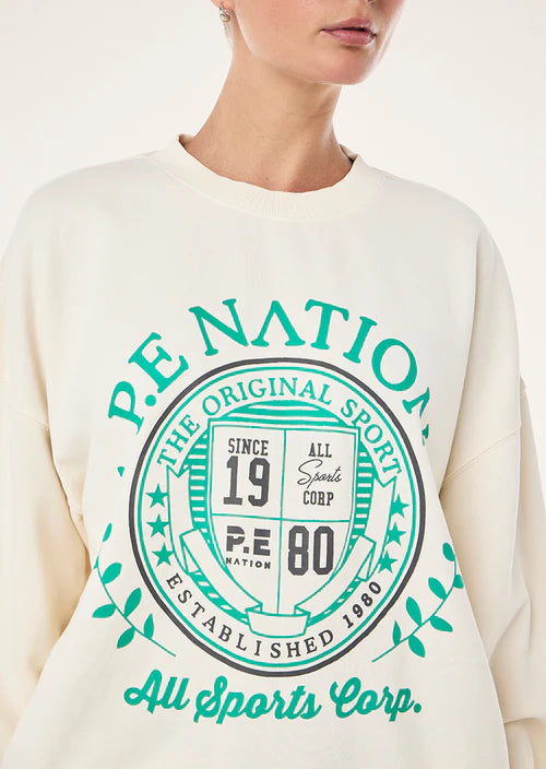 White sweatshirt with green 'P.E. Nation' logo on a white background