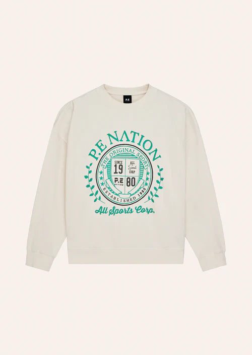 White sweatshirt with green logo and text on a white background