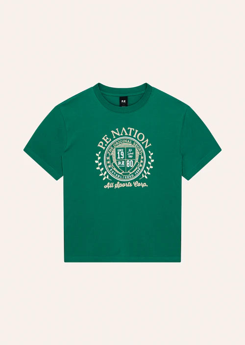 Green t-shirt with a logo on a beige background