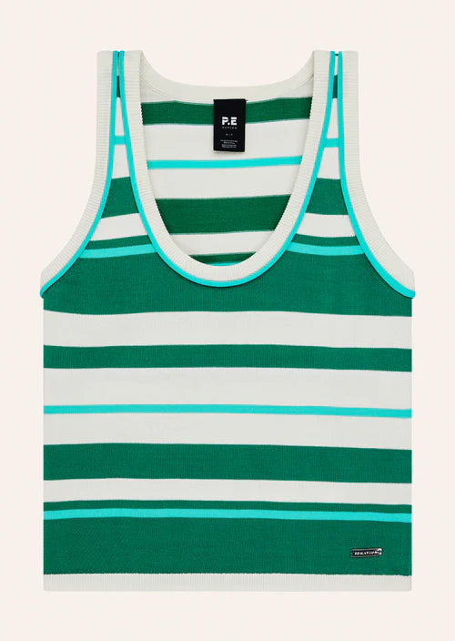 Green and white striped tank top with brand label on a light gray background