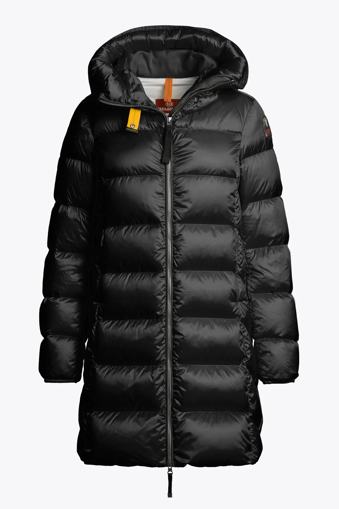 Black long parajumpers womens puffer jacket with a brand logo on a white background