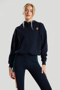 navy blue hoodie by red run on a grey background