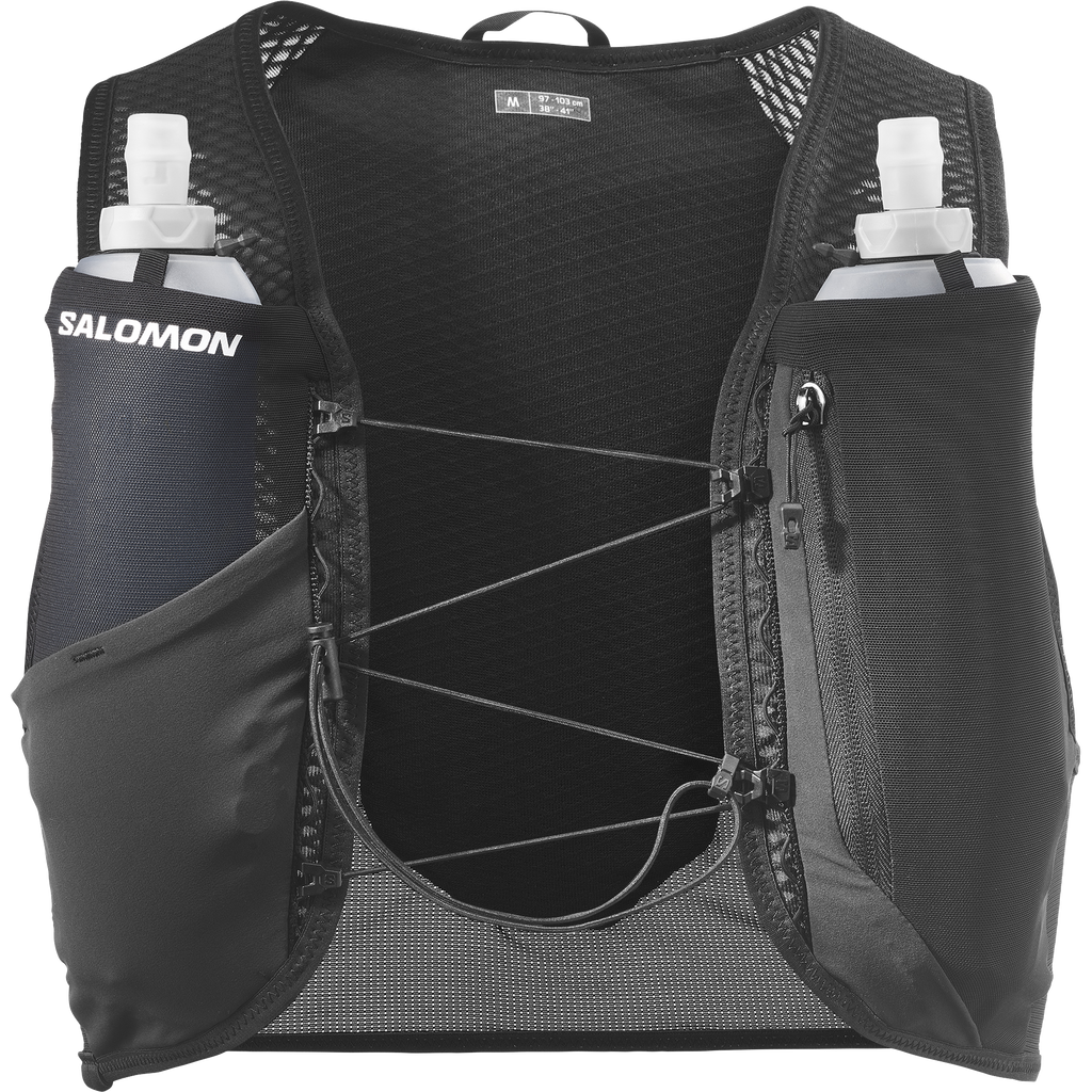 Black Salomon running vest with hydration packs on a white background