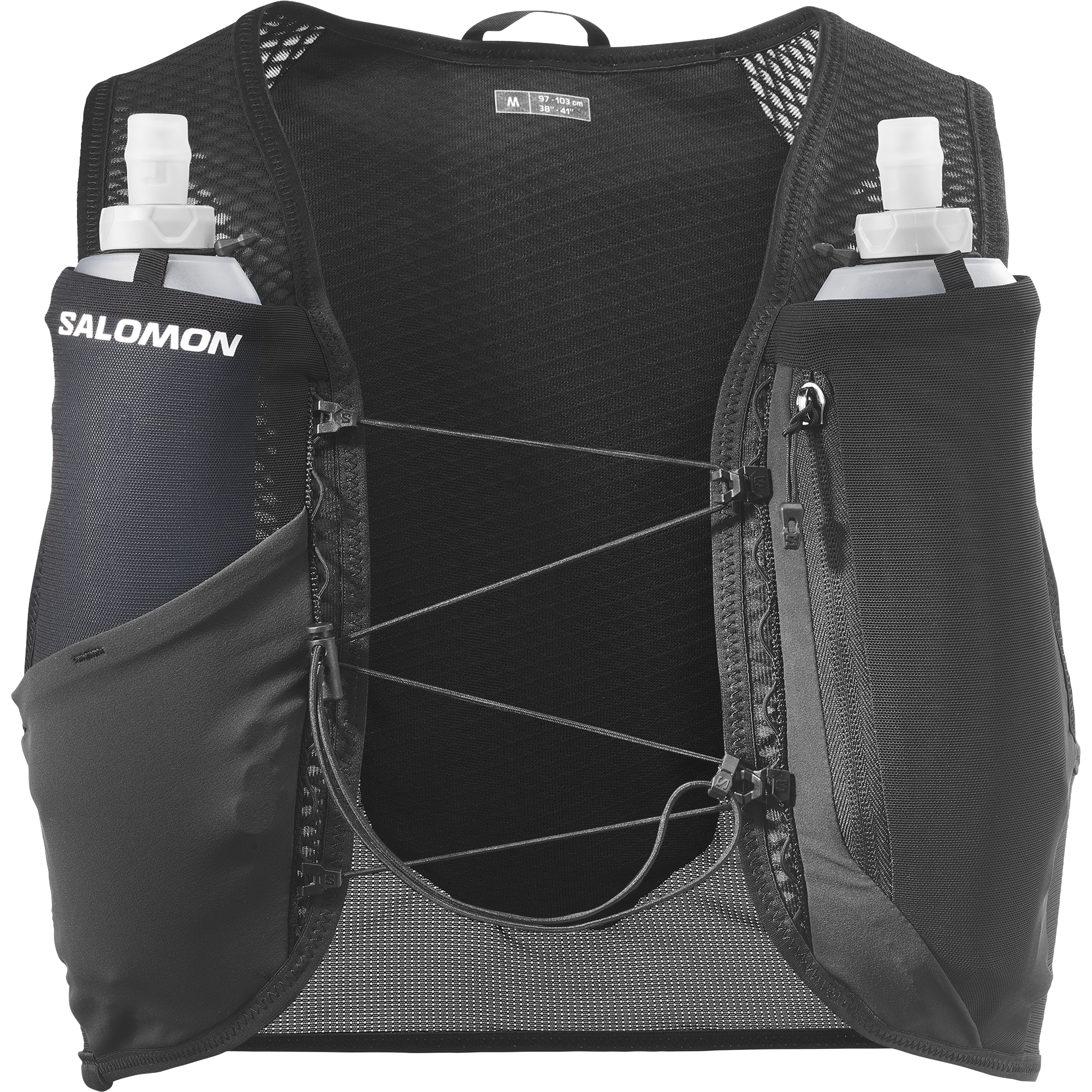 Black Salomon running vest with hydration packs on a white background