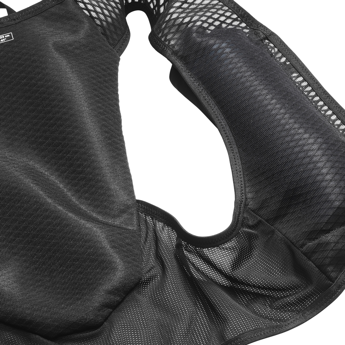 Black mesh hydration pack with a pocket on a white background