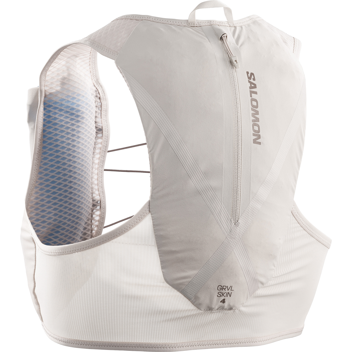 White running vest with mesh back and Salomon branding on a white background