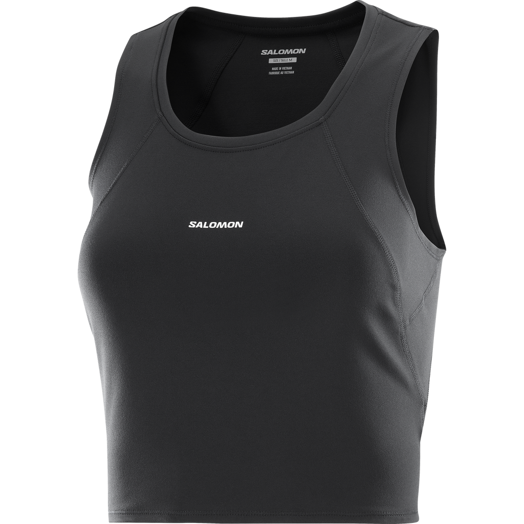 Black tank top with Salomon branding on a white background