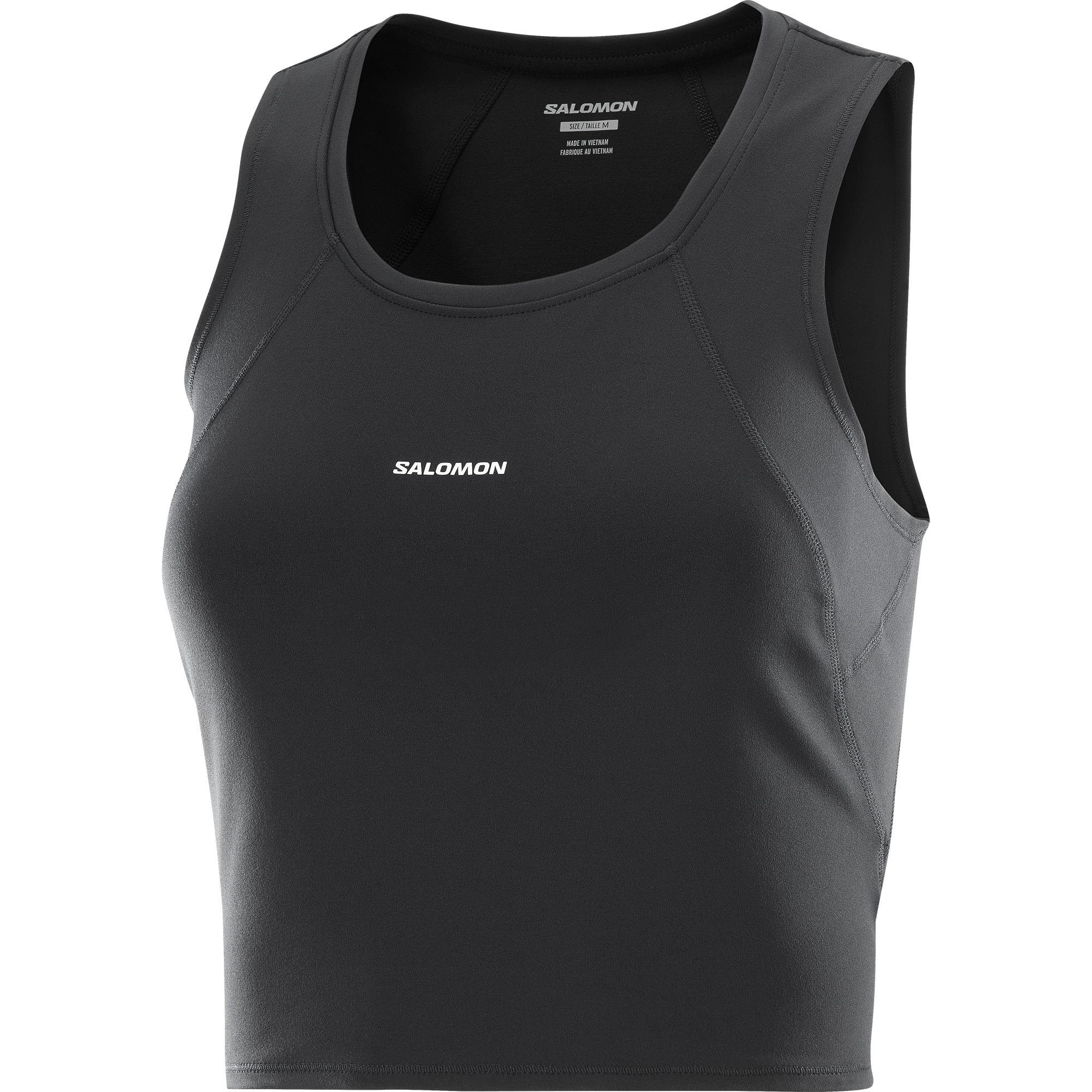Black tank top with Salomon branding on a white background