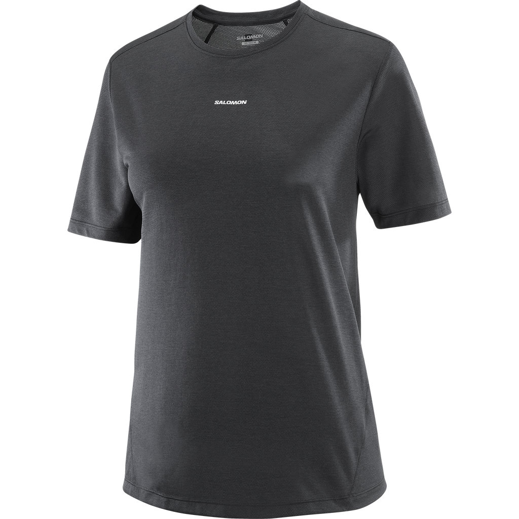 Black t-shirt with a brand logo on a white background