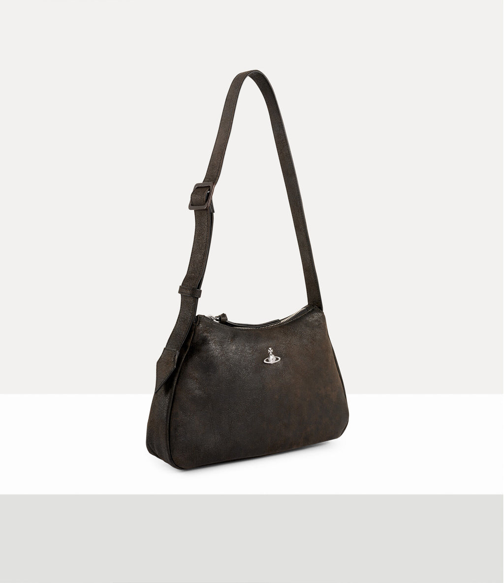 Brown shoulder bag with a visible brand logo on a white background