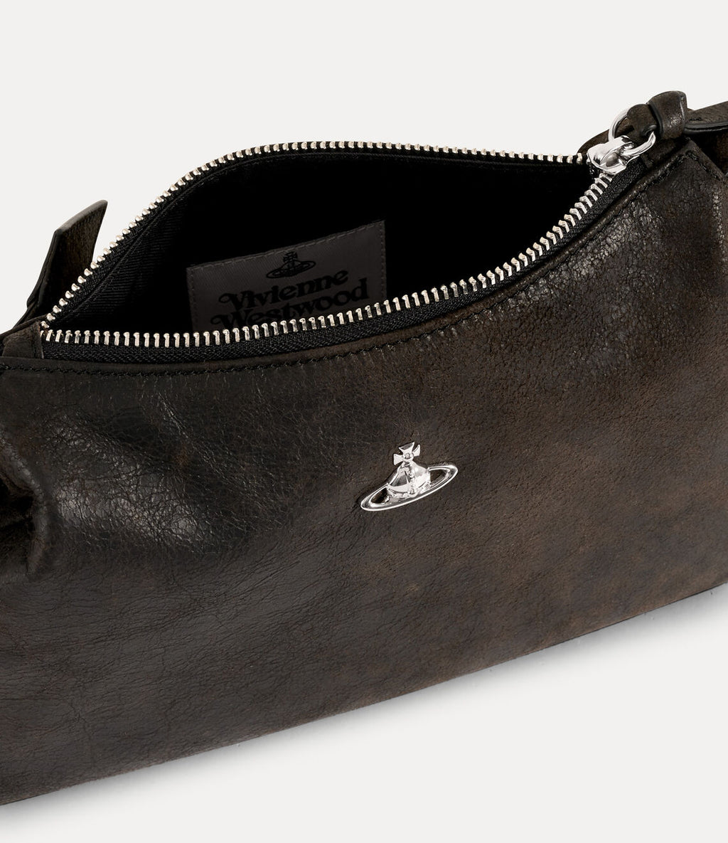 Brown leather bag with a visible silver orb logo on a white background