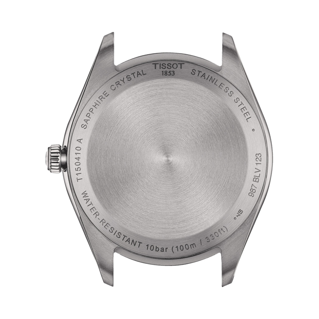 Tissot PR100 watch caseback detail showing "Sapphire Crystal," "Stainless Steel," and water resistance (100m/330ft).