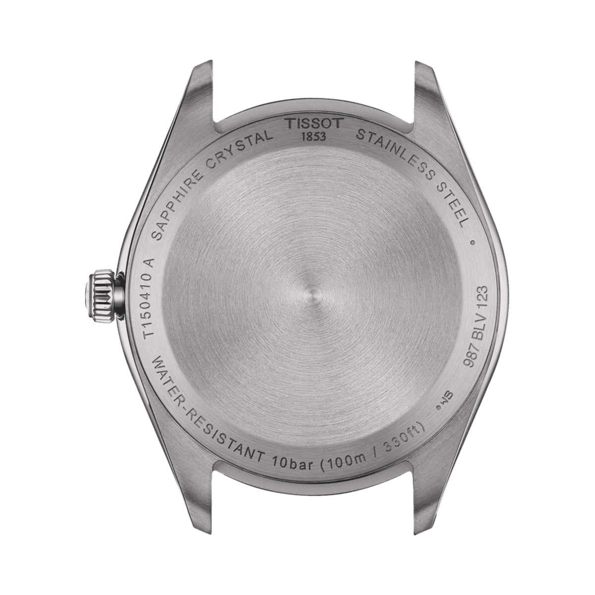 Tissot PR100 watch caseback detail showing "Sapphire Crystal," "Stainless Steel," and water resistance (100m/330ft).