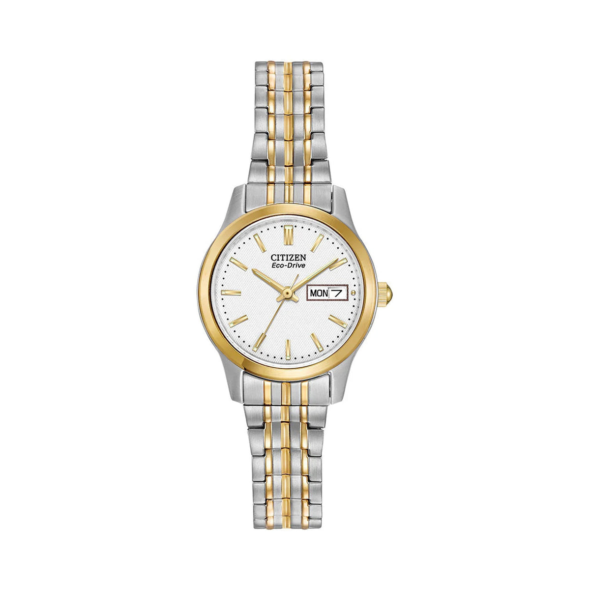 Citizen Eco Drive watch displaying day and date on a two-tone expanding bracelet.