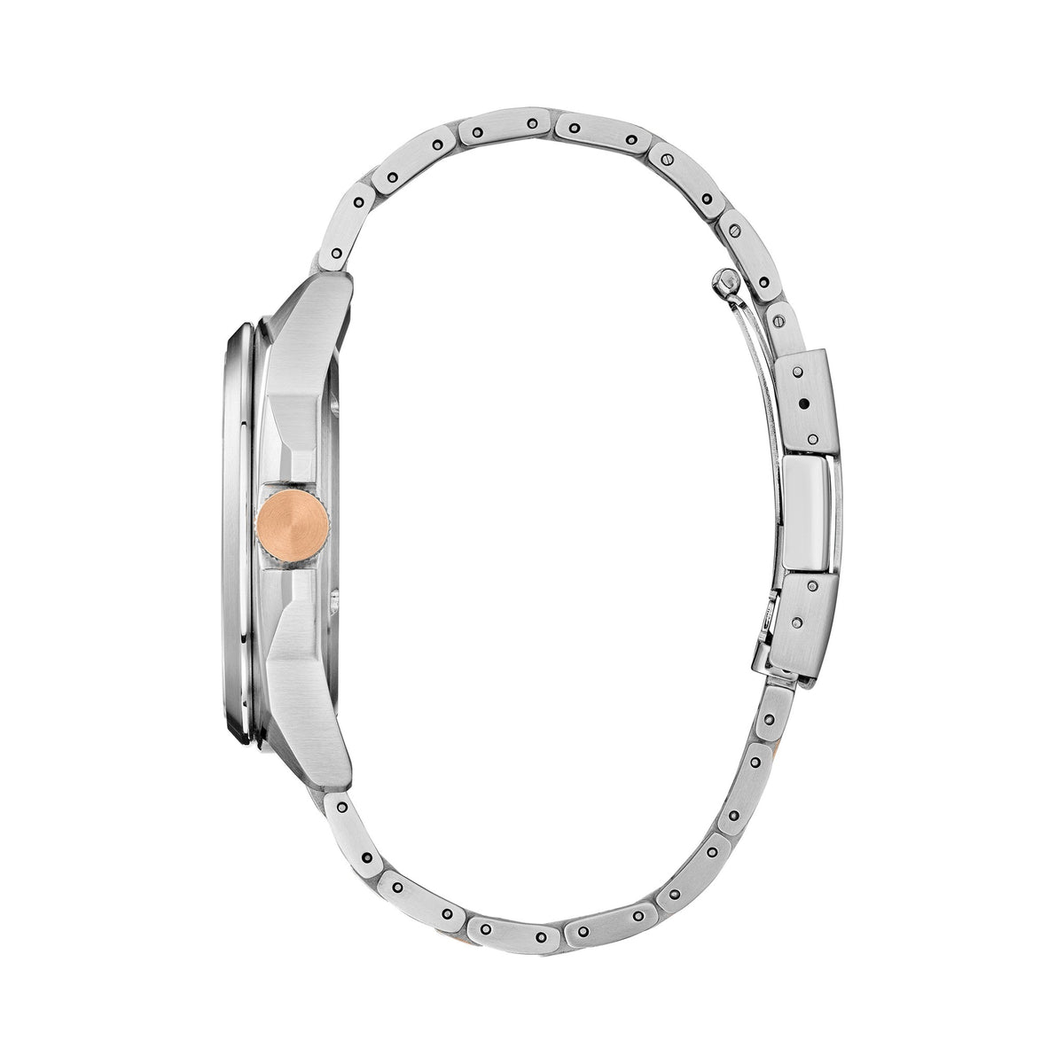 Side view of the Citizen Eco Drive watch, highlighting the stainless steel band, rose gold crown, and overall design.