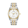 Citizen Eco-Drive watch displaying its white dial, gold-tone markers, and two-tone silver and gold stainless steel bracelet.