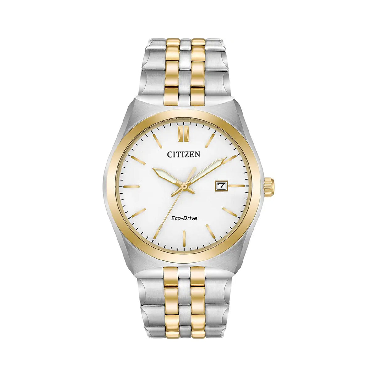 Citizen Eco-Drive watch displaying its white dial, gold-tone markers, and two-tone silver and gold stainless steel bracelet.
