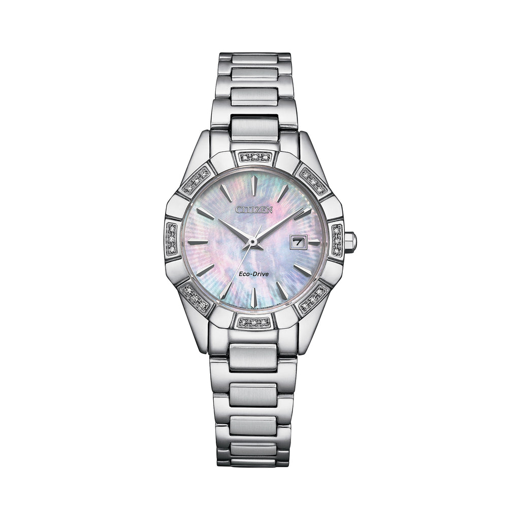 Close-up of the Citizen Ladies Eco Drive watch featuring a mother-of-pearl dial, diamond bezel, and stainless steel band.