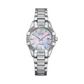 Close-up of the Citizen Ladies Eco Drive watch featuring a mother-of-pearl dial, diamond bezel, and stainless steel band.