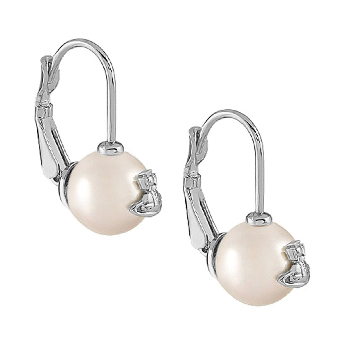 Cream pearl earrings by Vivienne Westwood, platinum plated. Subtle, classic jewelry for everyday wear.