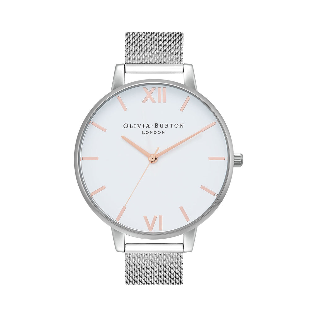 Olivia Burton watch showcasing its white dial, rose gold accents and stainless steel mesh strap.
