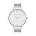 Olivia Burton watch showcasing its white dial, rose gold accents and stainless steel mesh strap.