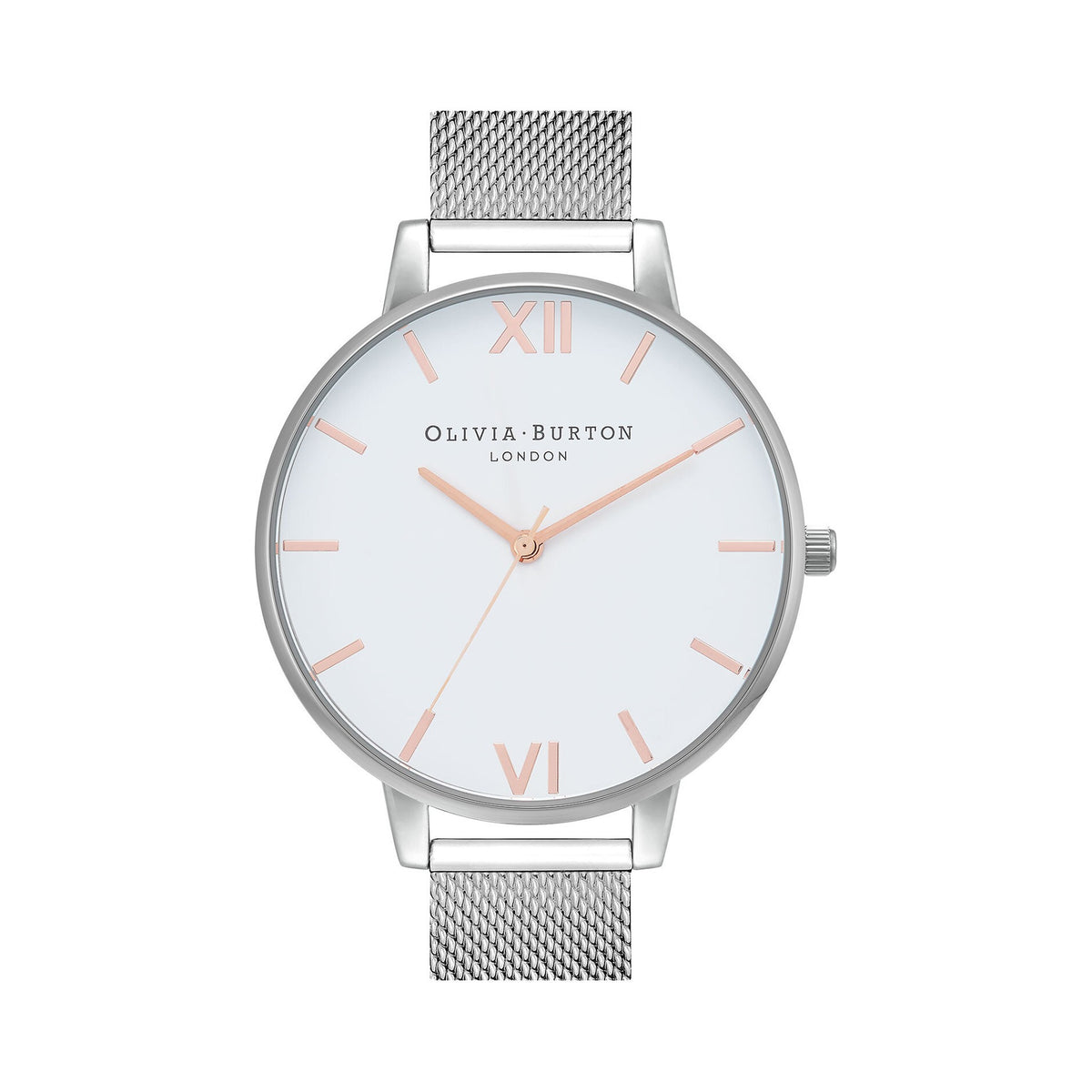 Olivia Burton watch showcasing its white dial, rose gold accents and stainless steel mesh strap.
