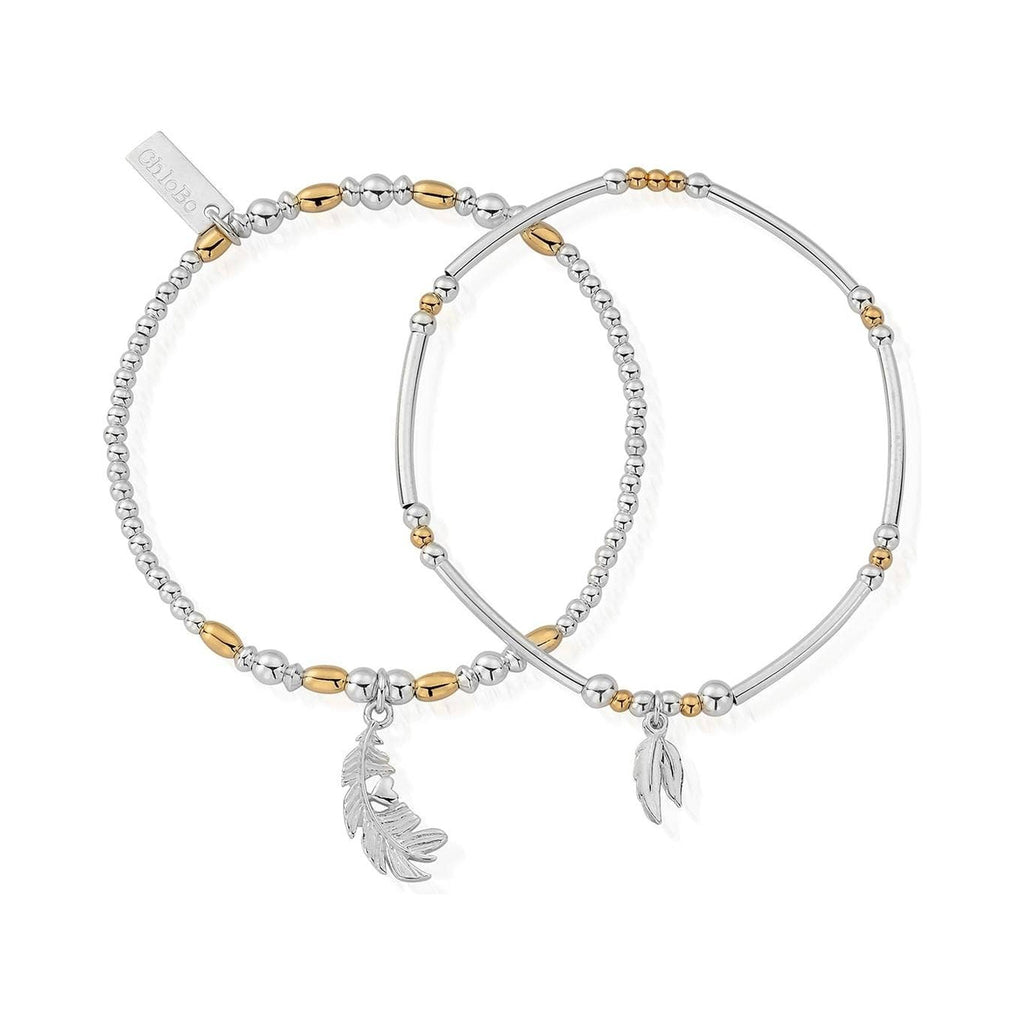 ChloBo bracelets set; silver & rose gold beads with feather charms symbolizing strength and courage.