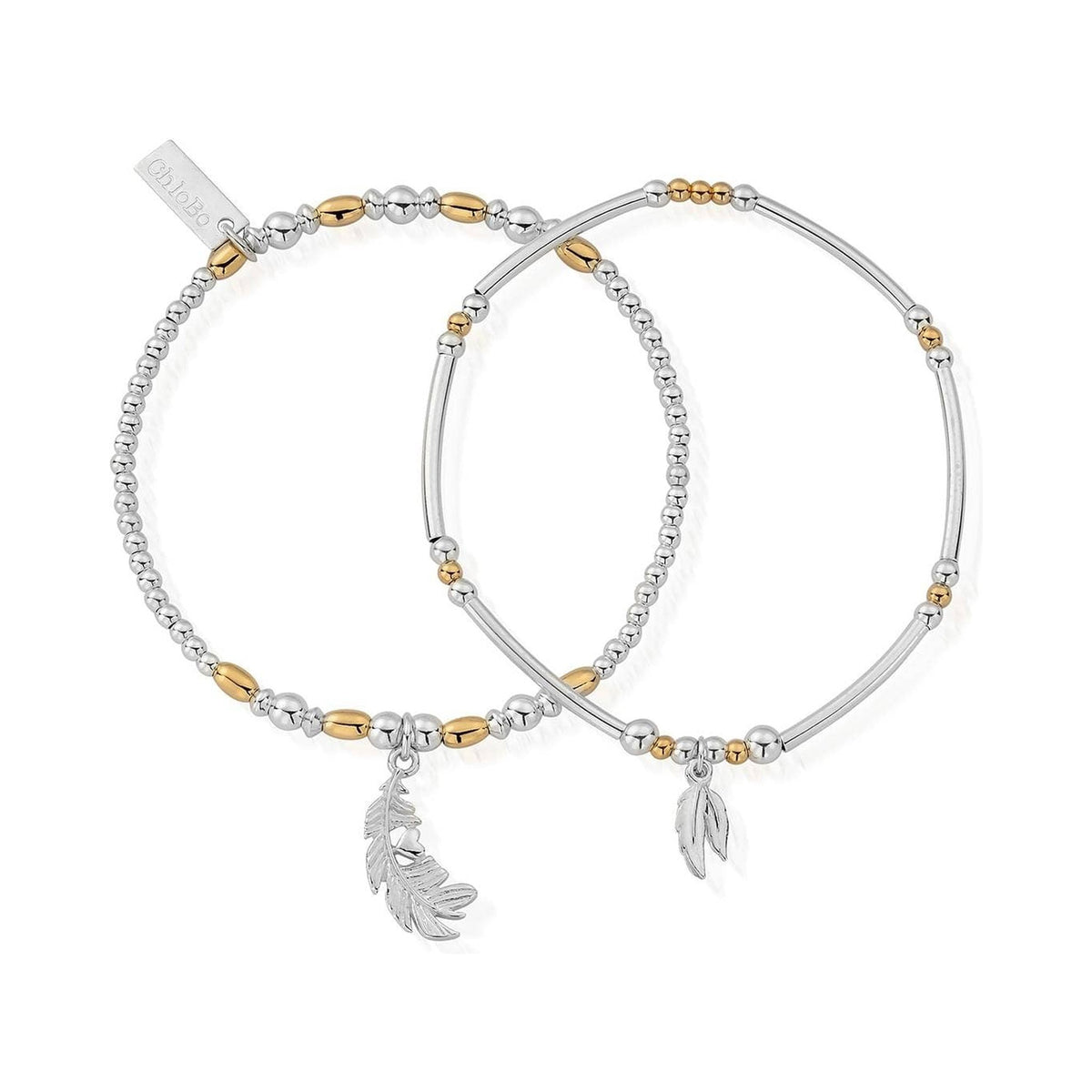 ChloBo bracelets set; silver & rose gold beads with feather charms symbolizing strength and courage.