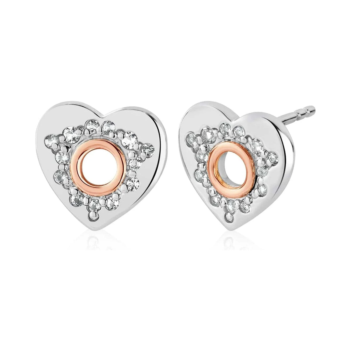 Sterling silver heart stud earrings with white topaz and rose gold details, showcasing Clogau's Cariad design.
