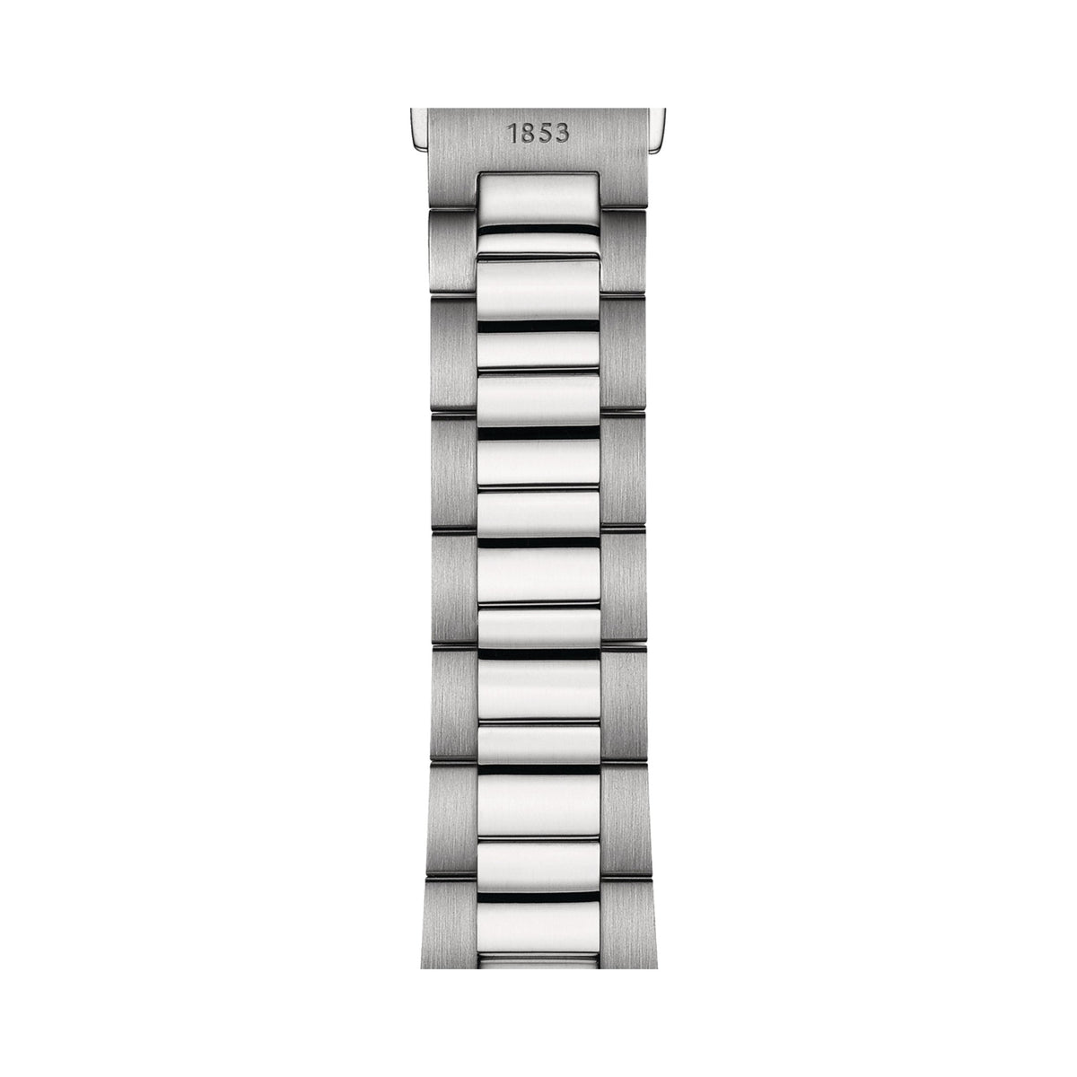 Close-up of the Tissot PR100 watch bracelet showing the stainless steel links and the "1853" engraving detail.