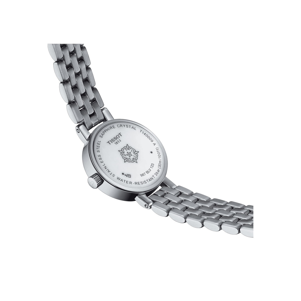 Close-up of a Tissot ladies watch showcasing case back details: Sapphire Crystal, Stainless Steel, and Water-Resistant