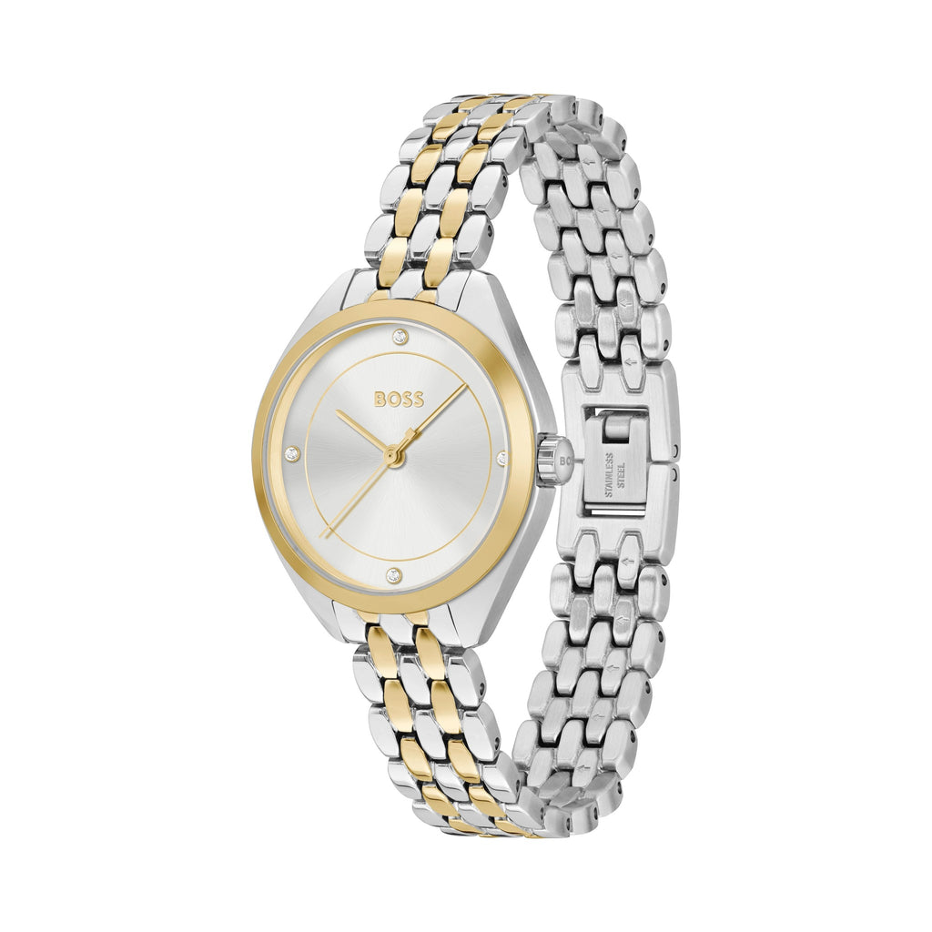 Close-up view of the Boss Ladies Mae watch, showcasing its silver dial, gold accents, and two-tone stainless steel bracelet.