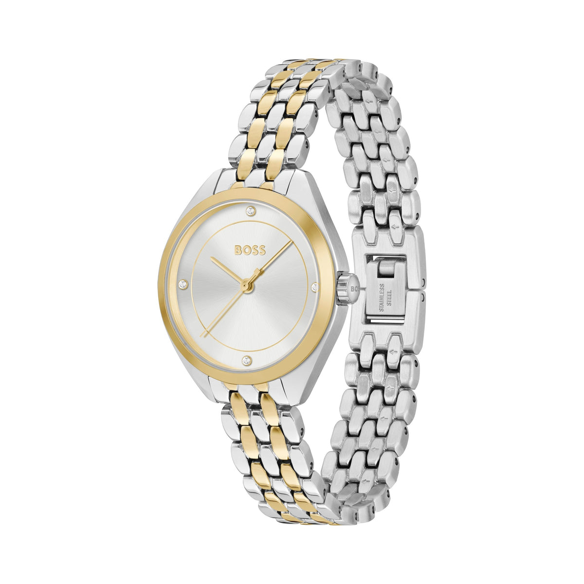 Close-up view of the Boss Ladies Mae watch, showcasing its silver dial, gold accents, and two-tone stainless steel bracelet.