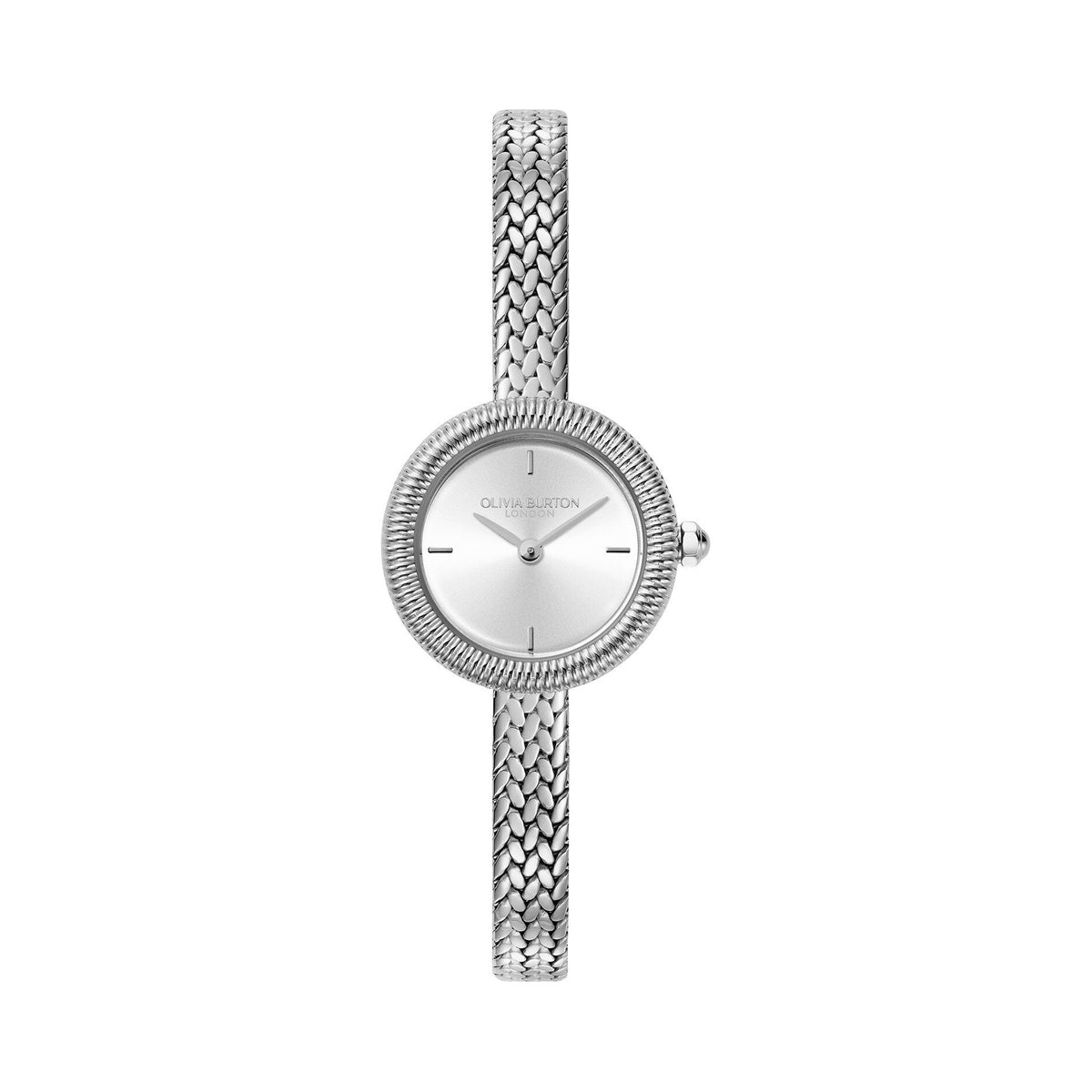 Silver wristwatch with a braided metal band.
