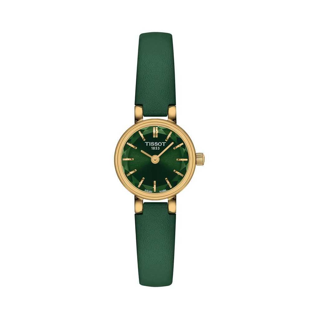 The Ladies Tissot Lovely Round Green Strap Watch Gold Plated, a green gold-plated watch from Tissot, available at OD’s Jewellers in St Helens.