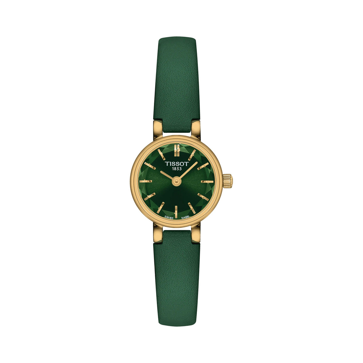 The Ladies Tissot Lovely Round Green Strap Watch Gold Plated, a green gold-plated watch from Tissot, available at OD’s Jewellers in St Helens.