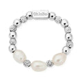 ChloBo silver ring featuring three lustrous pearls, alternating with sparkle beads & ChloBo logo bead. Elasticated ring.