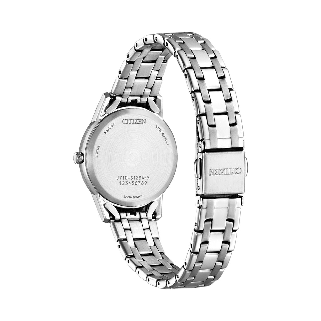 Citizen Ladies Eco-Drive watch back view showing model number J710-S128455 and stainless steel band with clasp.