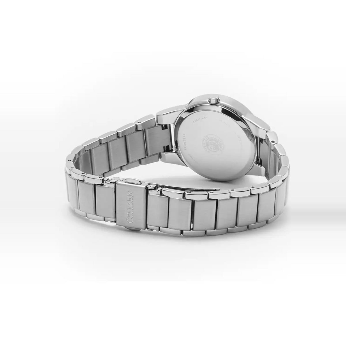 Close-up of the back of the Citizen Eco-Drive Axiom watch showing the bracelet and Eco-Drive technology information.