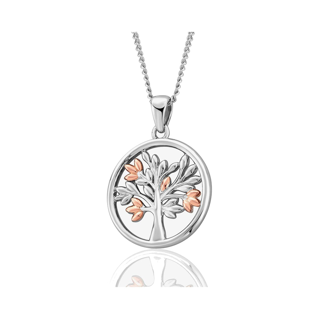 Clogau Tree of Life pendant in sterling silver and rose gold. Symbolic jewelry design.