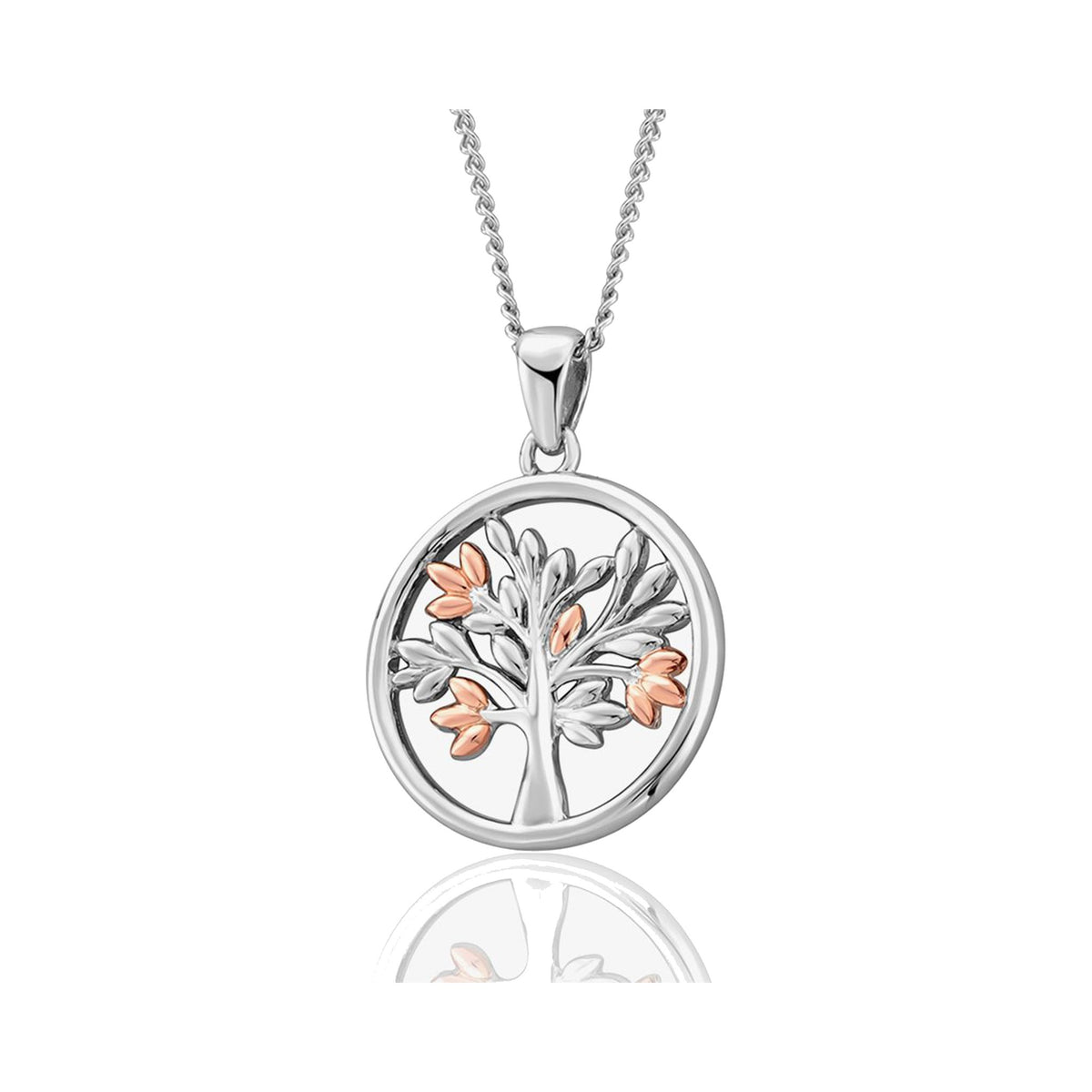 Clogau Tree of Life pendant in sterling silver and rose gold. Symbolic jewelry design.