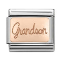 Composable Nomination charm for grandfathers; "Grandson" inscribed in rose gold lettering. Classic bracelet link.