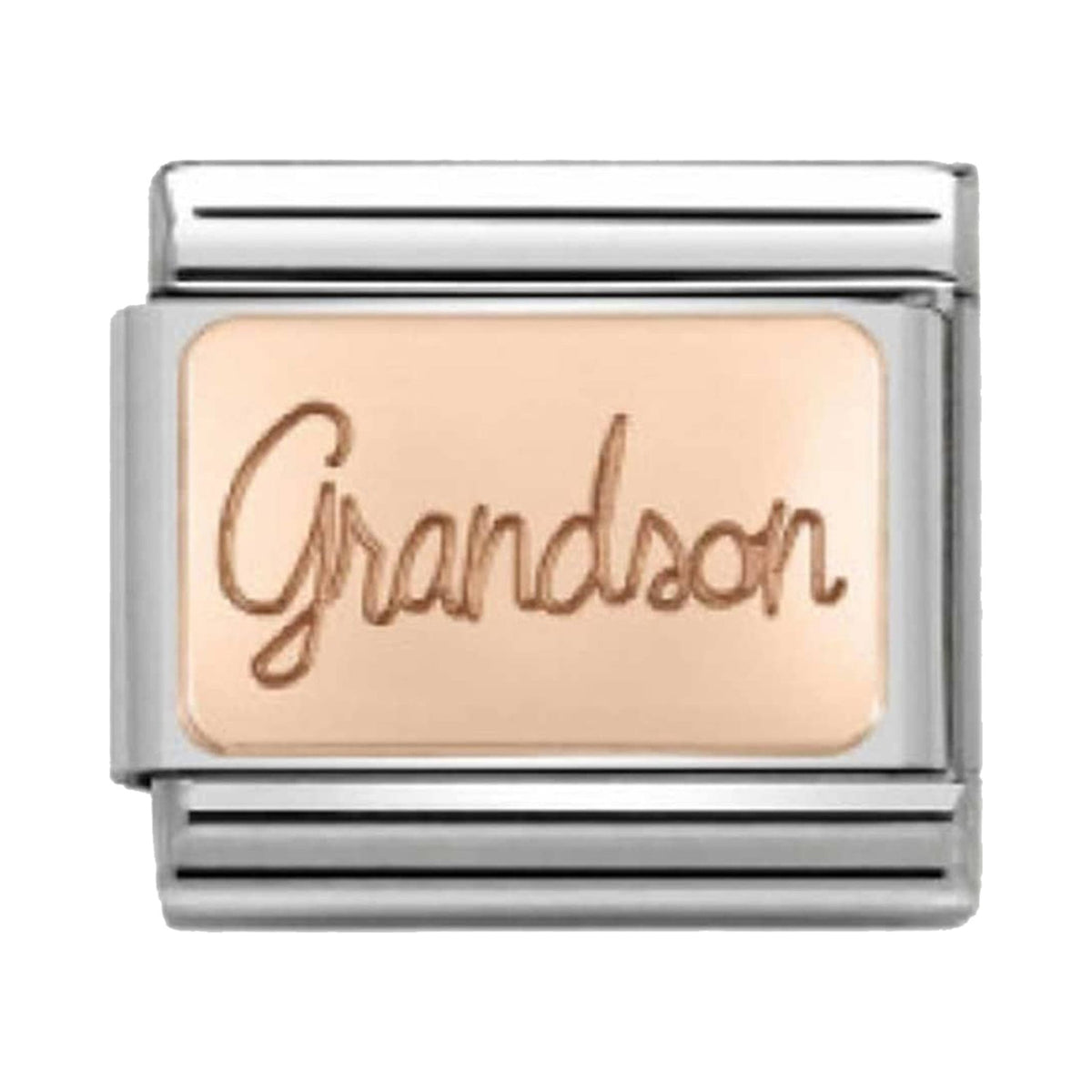 Composable Nomination charm for grandfathers; "Grandson" inscribed in rose gold lettering. Classic bracelet link.