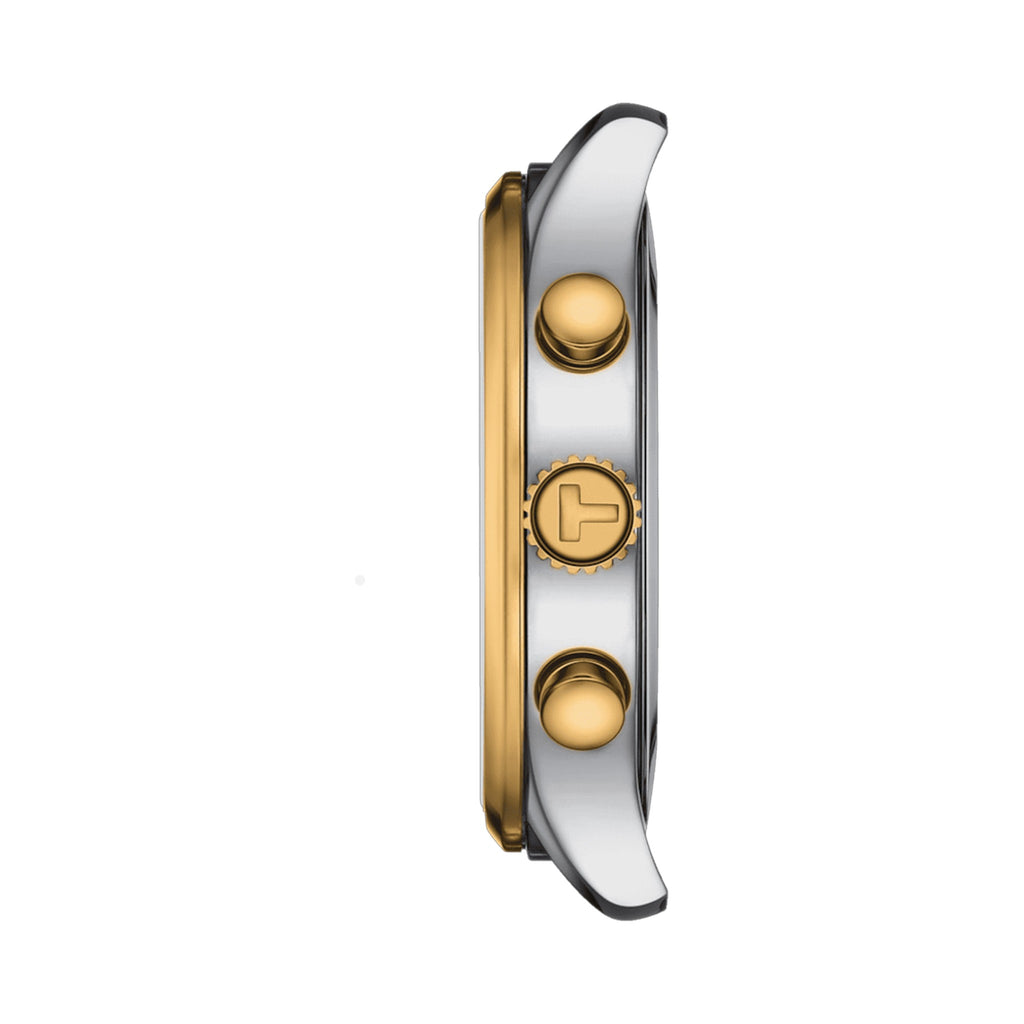 Side profile of a Tissot chronograph watch showcasing Swiss craftsmanship, gold-tone bezel, and push buttons.