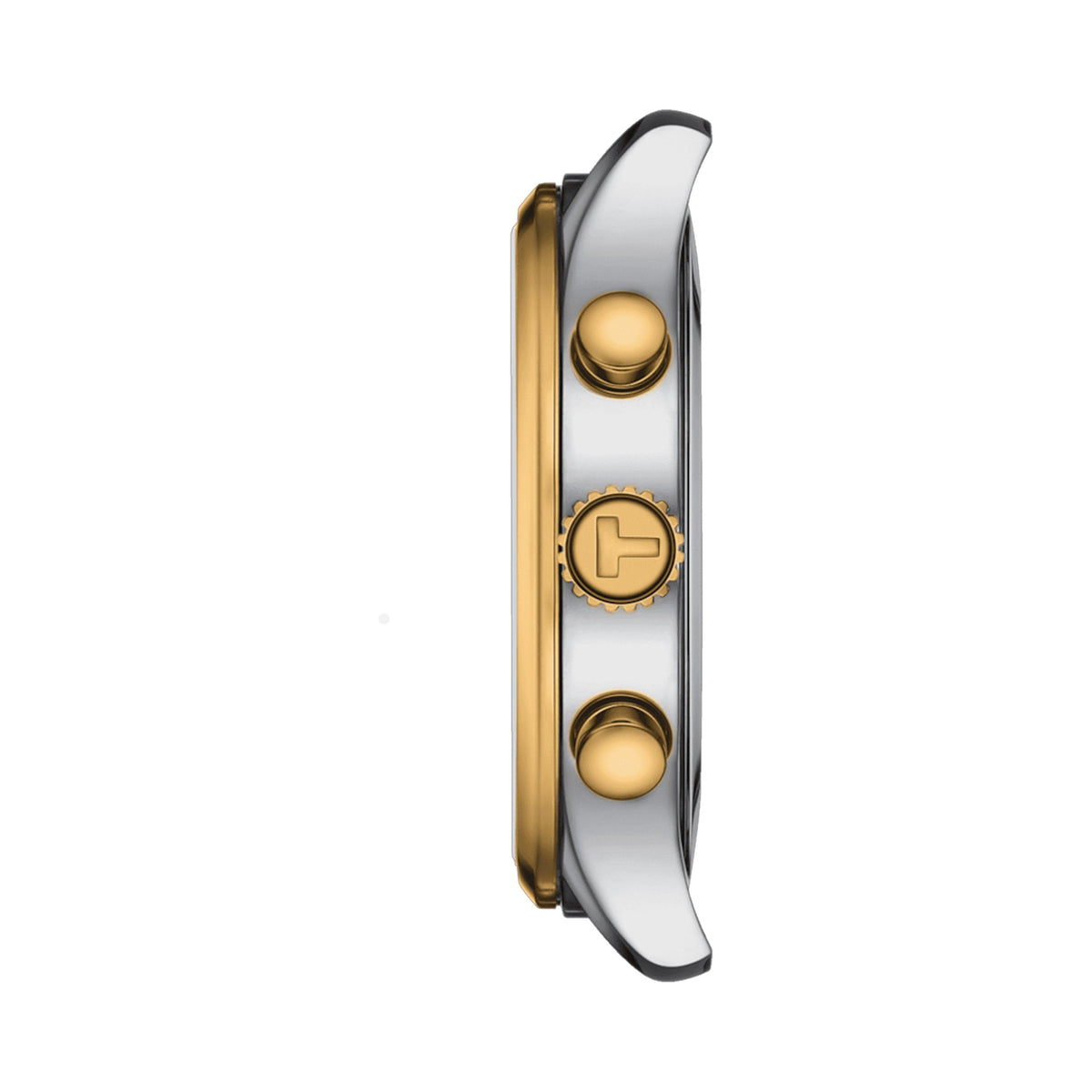 Side profile of a Tissot chronograph watch showcasing Swiss craftsmanship, gold-tone bezel, and push buttons.